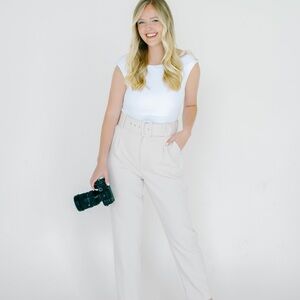 Zara High-Waist Belted Wide-Leg Trousers - Cream